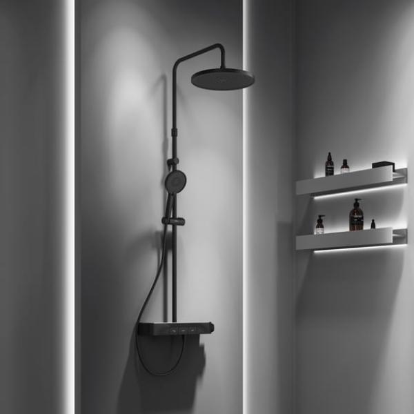 Artiviana Svago PUSH square shower system with thermostat for 2 outlets, with shelf matt black